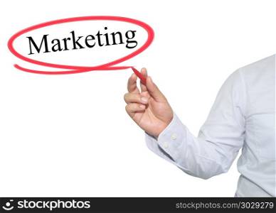 Hand of man write text Marketing with black color isolated on wh. Hand of man write text Marketing with black color isolated on white background, concept of adoption to promote your business for organization or work design to accompanying presentation.