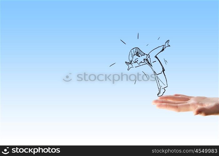 Hand of support. Caricature of falling businessman caught by human hand