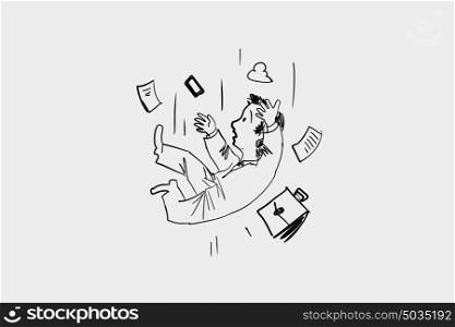 Hand of support. Caricature of falling businessman caught by human hand