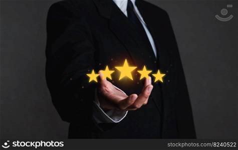 Hand of the head of the company who gave the customer a five-star rating. with copy space five star rating service rating concept of satisfaction