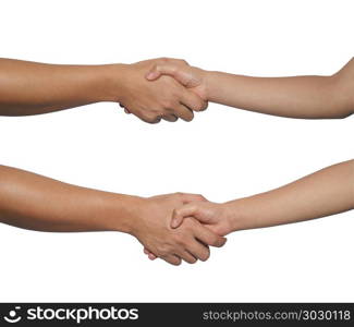 Hand of woman and man with Handshake isolated on white backgroun. Hand of woman and man with Handshake isolated on white background and have clipping paths to easy deployment.