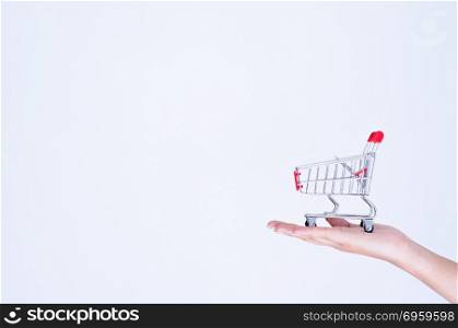 hand of woman hold small shopping cart