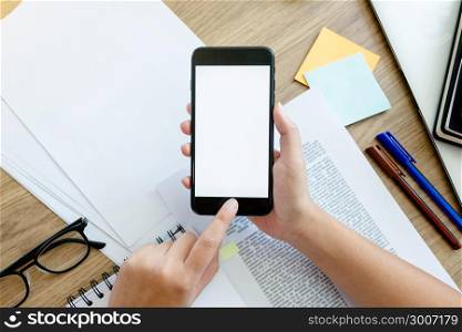 hand of woman holding empty white screen mobile smartphone