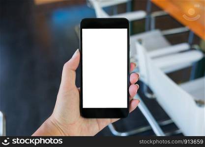 hand of woman holding mobile smart phone with empty white screen background.