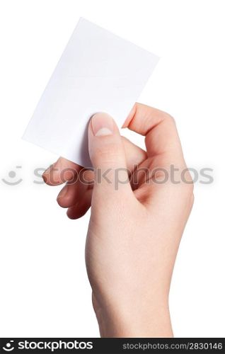 Hand of women holding blank paper label, isolated on white