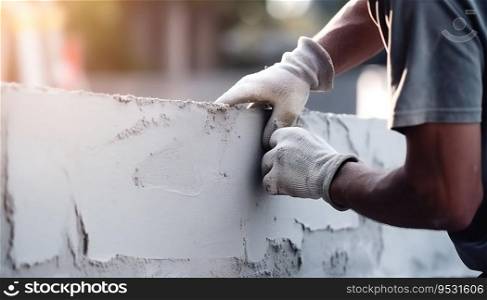 Hand of worker plastering cement at wall for building house