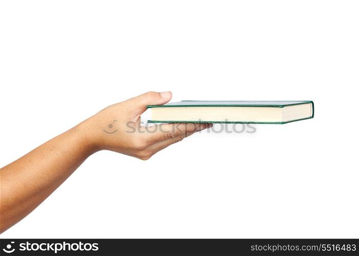 Hand offering a book isolated on white background