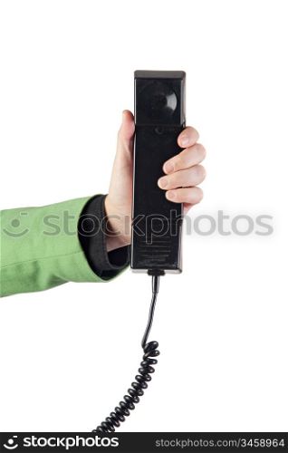 Hand offering a phone isolated on a white background