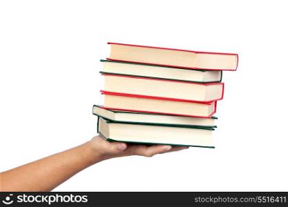 Hand offering many books isolated on white background