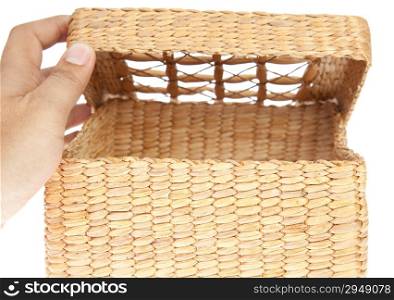 hand open wicker basket isolated on white background