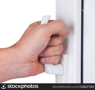 hand opens a window isolated on white