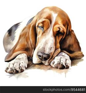 Hand Painted Basset Hound Dog Watercolor. AI generated image