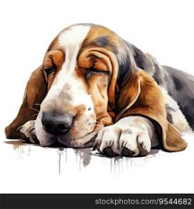 Hand Painted Basset Hound Dog Watercolor. AI generated image