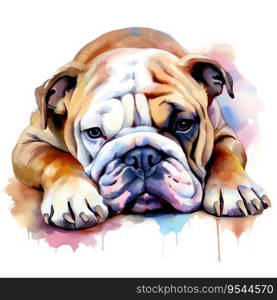 Hand Painted Bulldog Watercolor. AI generated image