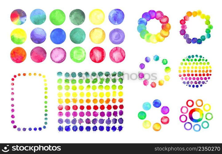 Hand painted circle shape design elements. Abstract circles set. Watercolor wreath with colorful rainbow drops. Hand drawn illustration.. Abstract watercolor rainbow gradient background