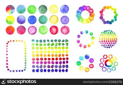 Hand painted circle shape design elements. Abstract circles set. Watercolor wreath with colorful rainbow drops. Hand drawn illustration.. Abstract watercolor rainbow gradient background