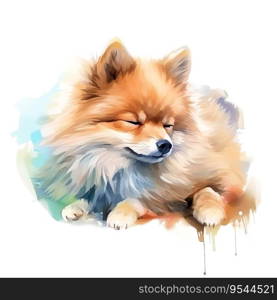 Hand Painted Pomeranian Dog Watercolor. AI generated image