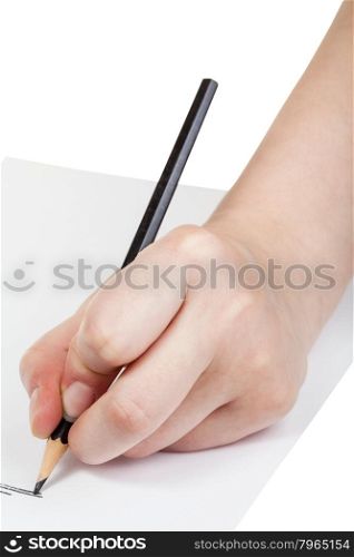 hand paints by black pencil on sheet of paper isolated on white background