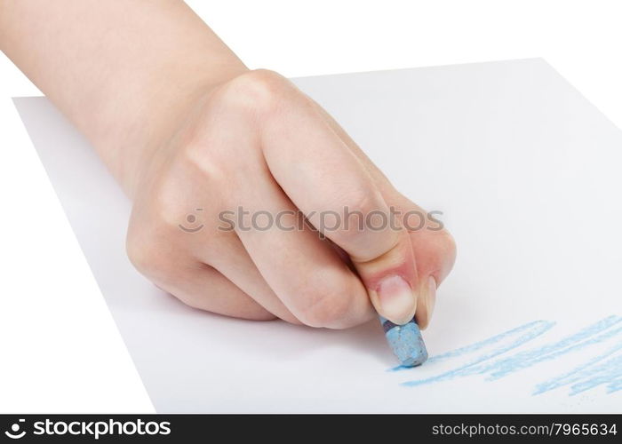 hand paints by blue pastel on sheet of paper isolated on white background