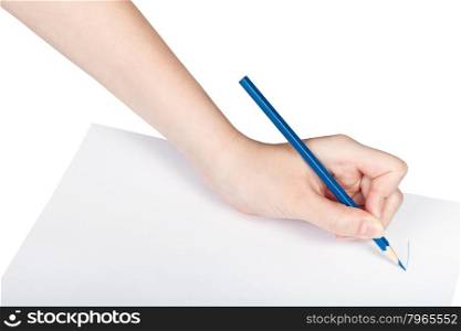 hand paints by blue pencil on sheet of paper isolated on white background