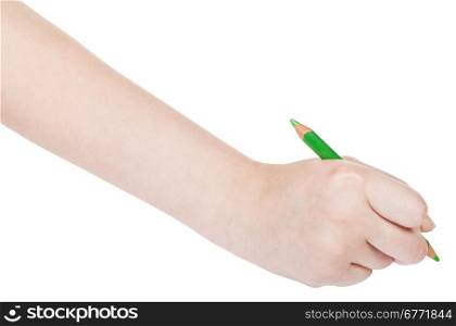 hand paints by green pencil isolated on white background