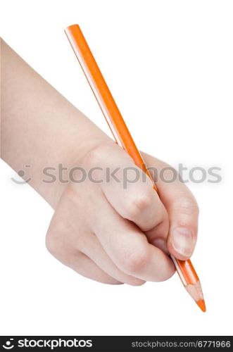 hand paints by orange pencil isolated on white background