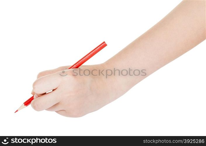 hand paints by red pencil isolated on white background