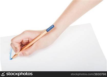 hand paints by wood blue pencil on sheet of paper isolated on white background