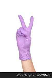 Hand peace gesture. Sign of victory. Hand in a purple latex glove isolated on white. Woman&rsquo;s hand gesture or sign isolated on white.. Hand in a purple latex glove isolated on white. Woman&rsquo;s hand gesture or sign isolated on white.