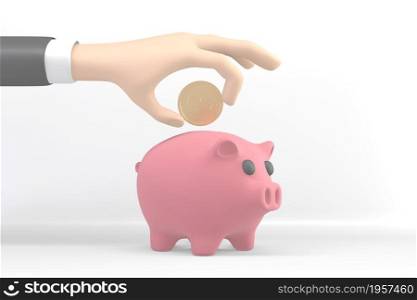hand picking coins to put the piggy bank on white background. 3D rendering