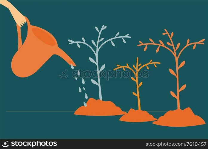 Hand planting and watering growing trees on soil - Ecology and Sustainability