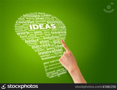 Hand pointing a ideas word cloud illustration.