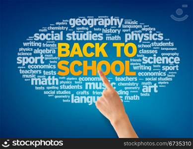 Hand pointing at a Back To School Word Cloud on blue background.
