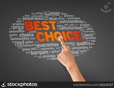 Hand pointing at a best choice illustration on dark background.