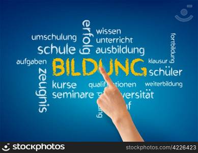 Hand pointing at a Bildung word illustration on blue background.