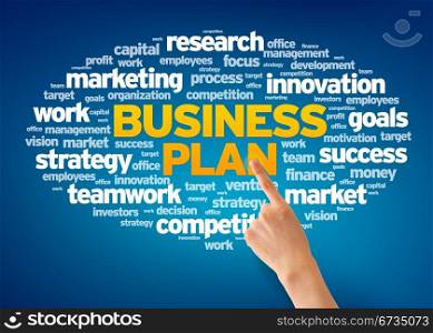 Hand pointing at a Business Plan Word Cloud on blue background.