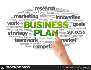 Hand pointing at a Business Plan Word Cloud on white background.