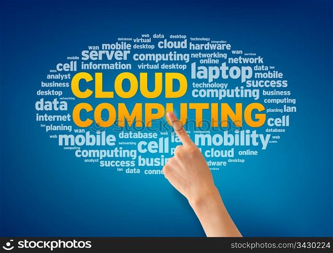 Hand pointing at a Cloud Computing Word Cloud on blue background.