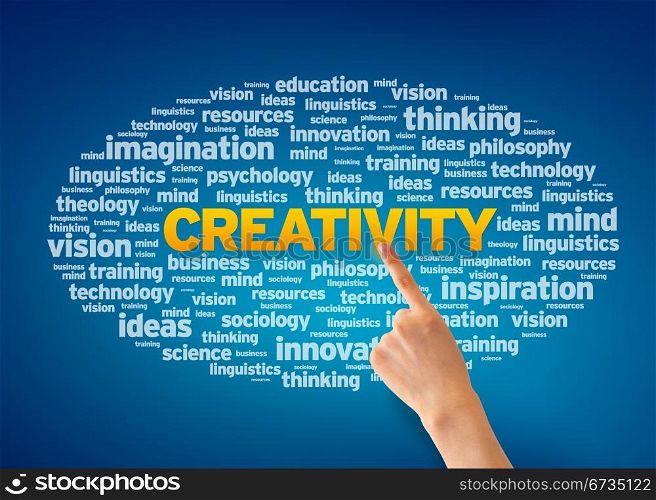Hand pointing at a Creativity Word Cloud on blue background.