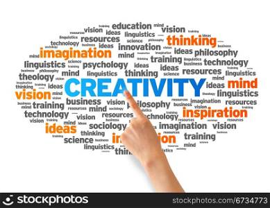 Hand pointing at a Creativity Word Cloud on white background.