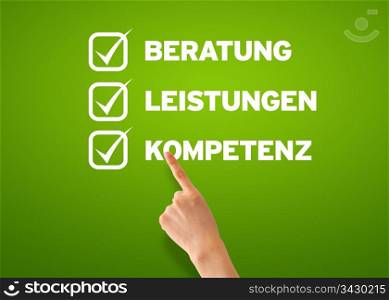 Hand pointing at a Customer Questionnaire on green background.