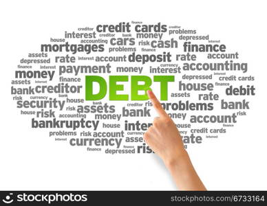 Hand pointing at a Debt Word Cloud on white background.