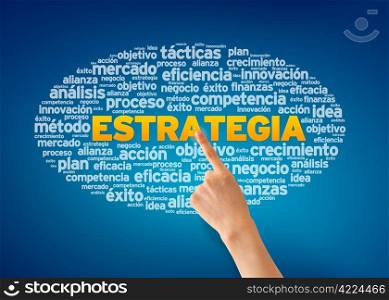 Hand pointing at a Estrategia Word Cloud on blue background.