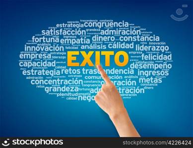 Hand pointing at a Exito illustration on blue background.
