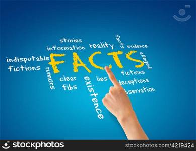 Hand pointing at a facts illustration on blue background.