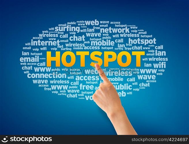 Hand pointing at a Hotspot Wordcloud on blue background.