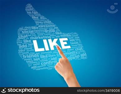 Hand pointing at a Like Thumb on blue background.
