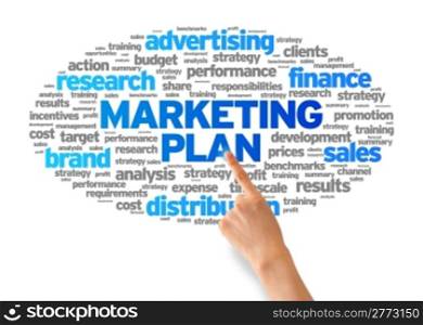 Hand pointing at a Marketing Plan Word Cloud on white background.