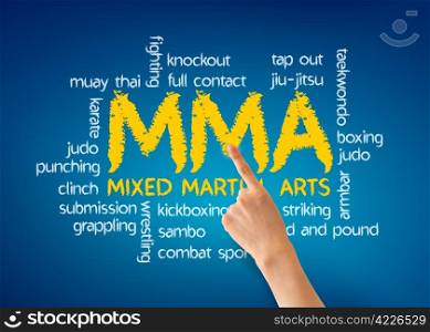 Hand pointing at a Mixed Martial Arts illustration on blue background.