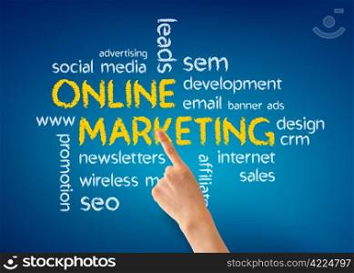Hand pointing at a Online Marketing illustration on blue background.